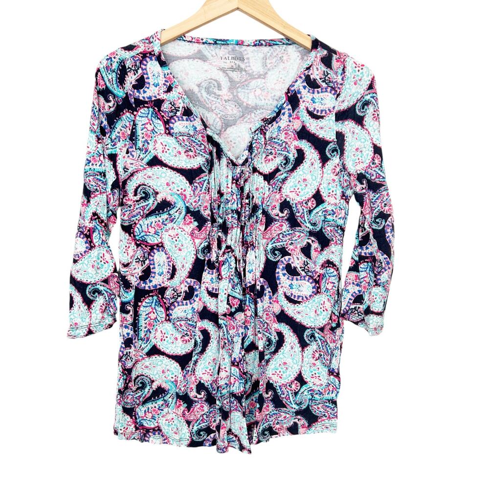 Talbots Blue Pink Paisley 3/4 Sleeve Shirt Sz M